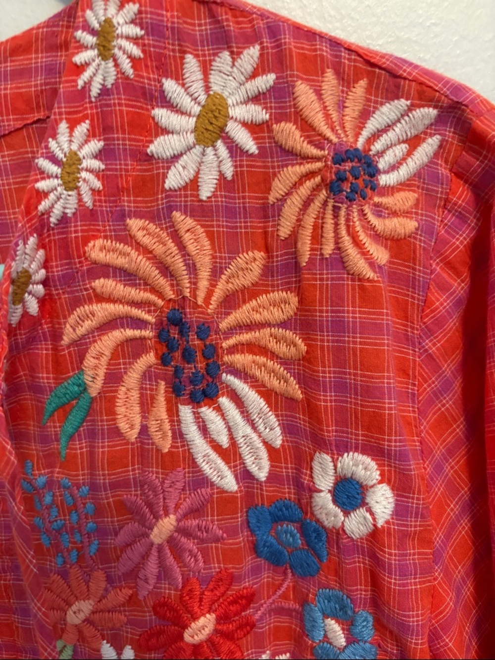 Johnny Was Workshop Red and Purple Plaid Embroidered Floral Peasant Blouse - Picture 4 of 10